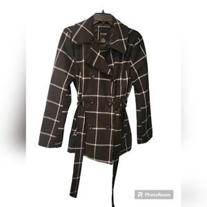 Me Jane Black & White Plaid Belted Pea Coat